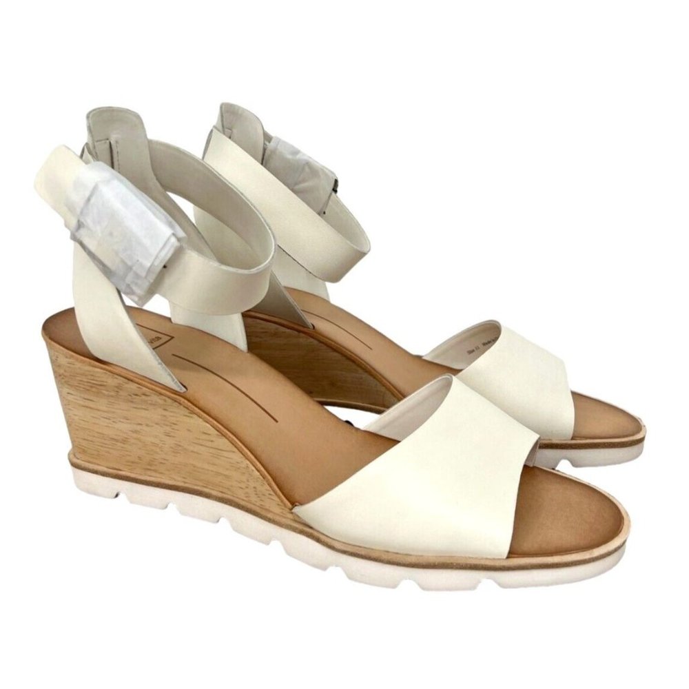 Dolce Vita Melika Leather Wood Wedge Sandals- White Leather-Size 11